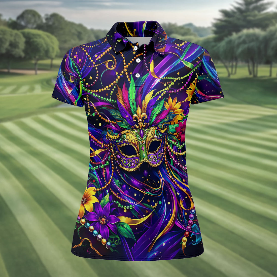 Mardi Gras Beads Ribbons Feather Masquerade Mask Print Golf Shirt, Polo Shirts Womens, Ladies Golf Shirt