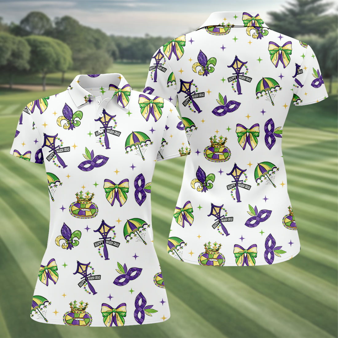 Fleur De Lis Carnival Masks Happy Mardi Gras White Golf Shirt, Golf Shirt For Women, Ladies Golf Polos