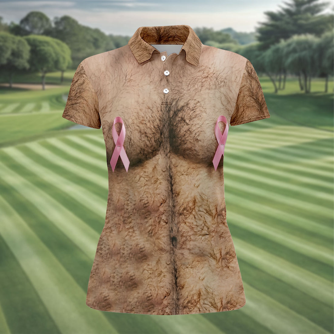 Pink Ribbon Hairy Chest Breast Cancer Golf Shirt, Women’s Golf Polo, Golf Shirts For Women