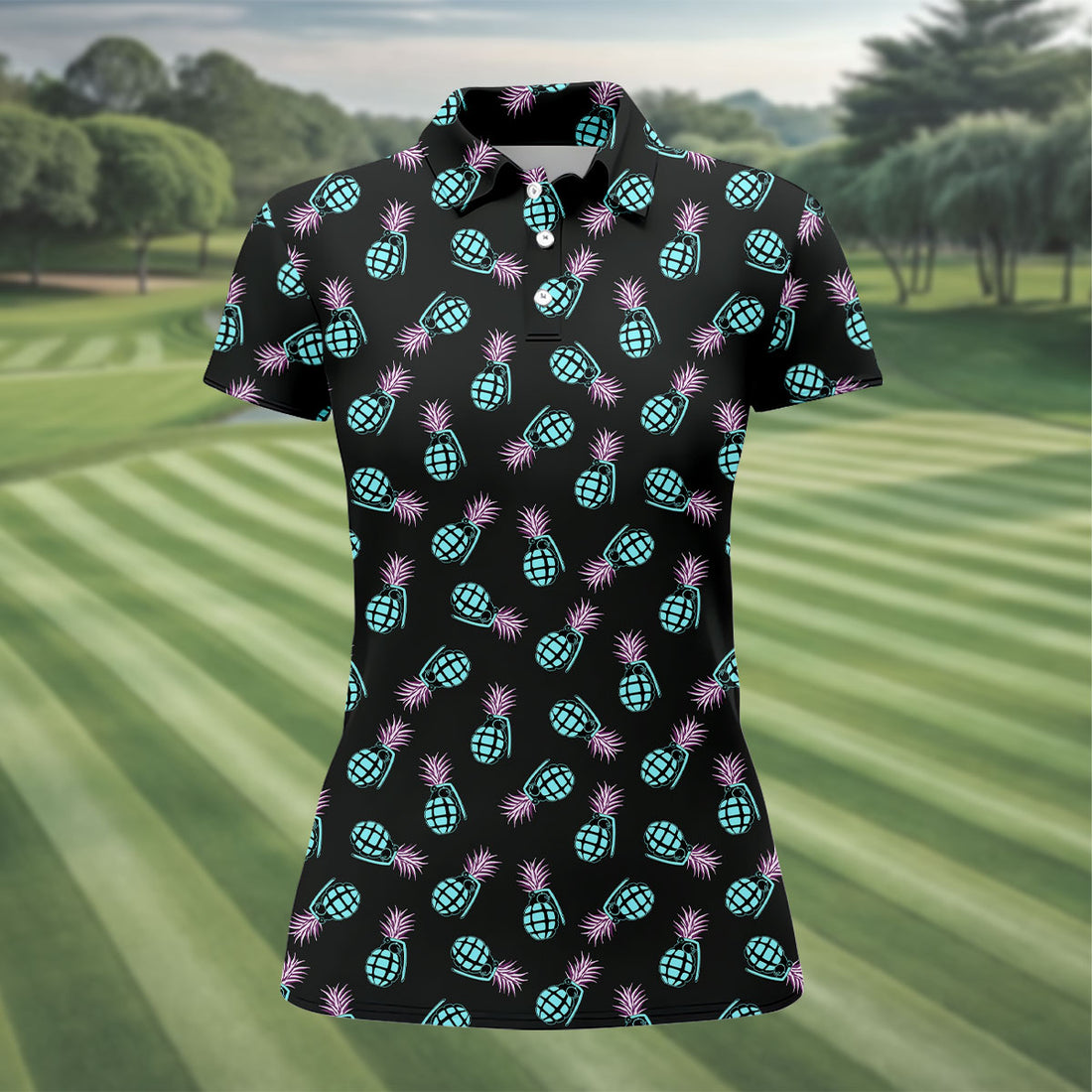 Grenade Pineapple Tropical Golf Shirt, Fun Women's Golf Shirts, Ladies Golf Shirts, Golfing Apparel