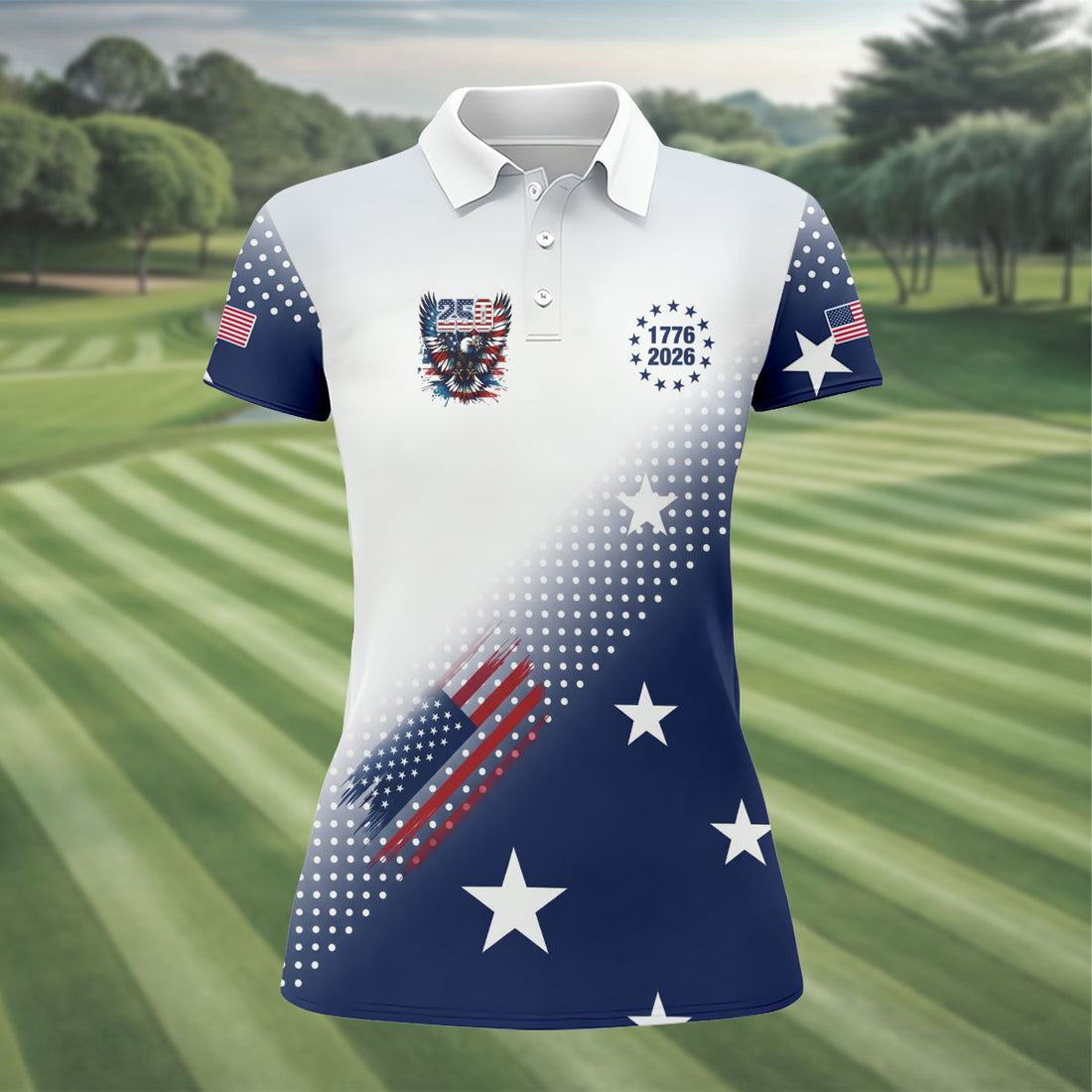 American Flag Eagle Women's 250 Years USA Patriotic Golf Shirt, 4th of July Golf Shirt