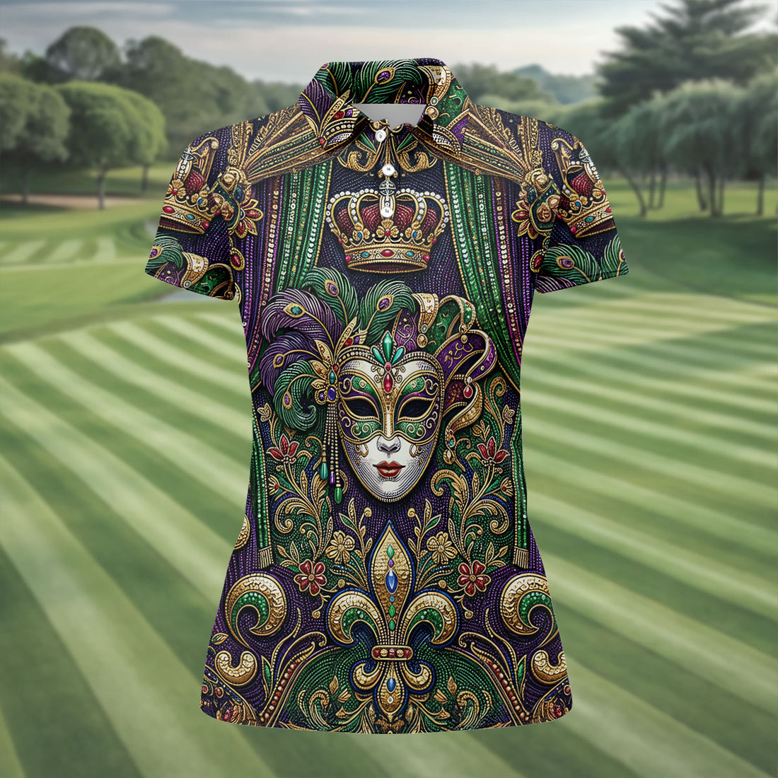 Fleur De Lis Floral Crown Mardi Gras Mask Print Women's Golf Tops, Ladies Golf Shirts, Ladies Golf Polos