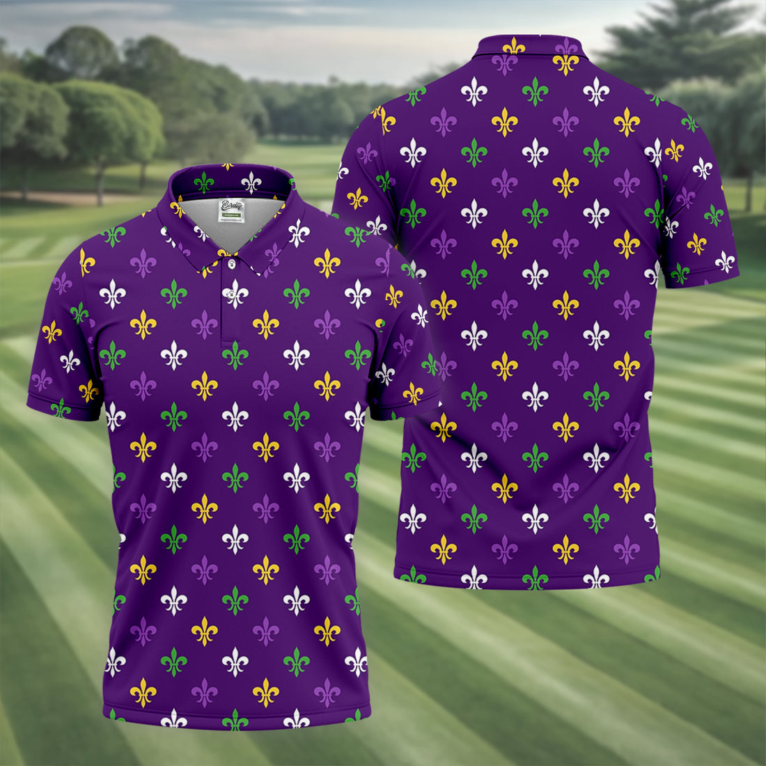 Purple Green Gold Fleur De Lis Pattern Purple Golf Shirt, Mardi Gras Golf Shirt, Polo Shirts For Men