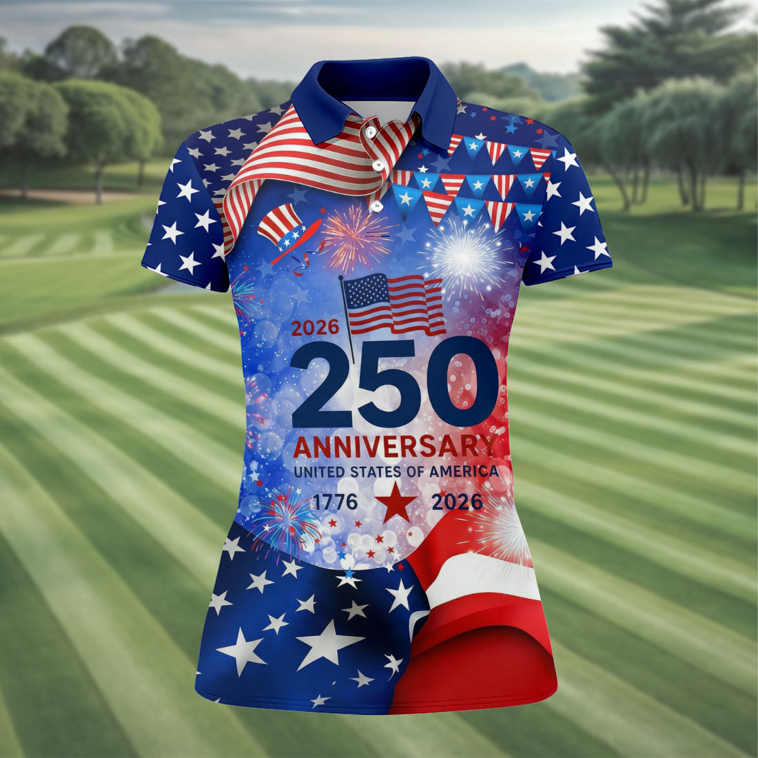 American Flag Fireworks Women's 250 Years USA Patriotic Golf Shirt, 4th of July Golf Shirt