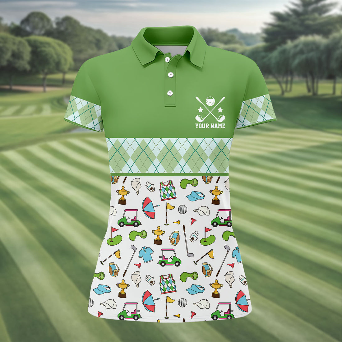Custom Name Green Argyle Golf Icons Pattern Golf Shirt, Women’s Golf Polo, Golf Tops For Women, Printed Golf Shirt