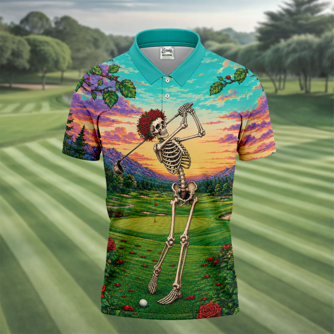 Rose Skeleton Golfer Sunset Golf Course Shirt, Mens Golf Apparel, Halloween Golf Shirt