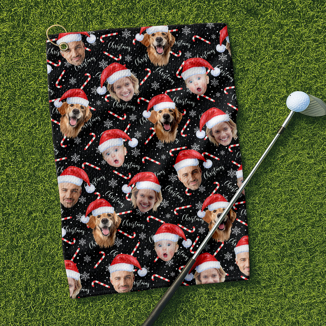 Custom Face Candy Cane Christmas Black Golf Towels, Christmas Golf Gift, Custom Golf Accessories