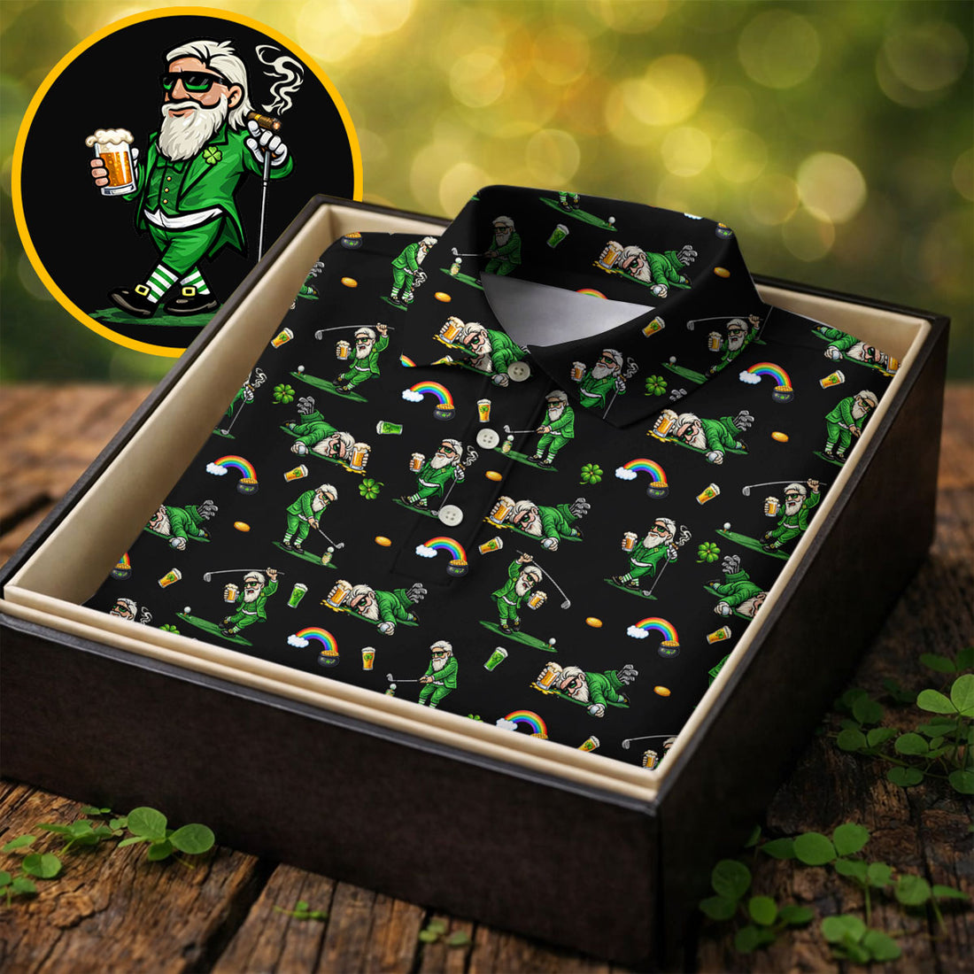 St Patrick's Day Leprechaun Character Golf And Beer Black Golf Shirt, Fun Golf Shirts For Men, Polo For Men