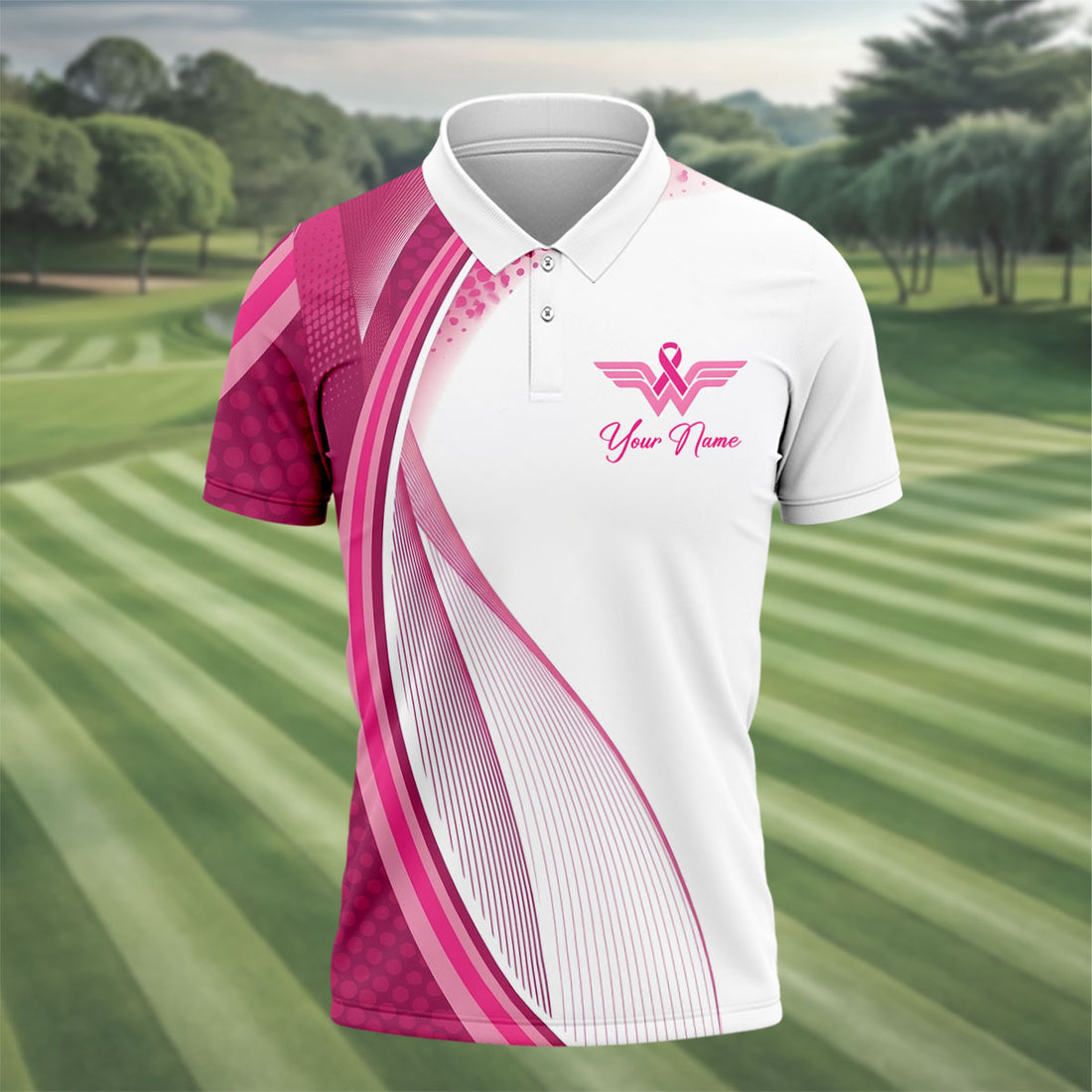 Custom Pink Ribbon Breast Cancer Golf Polo Shirt, Men's Golf Shirt, Printed Golf Shirts