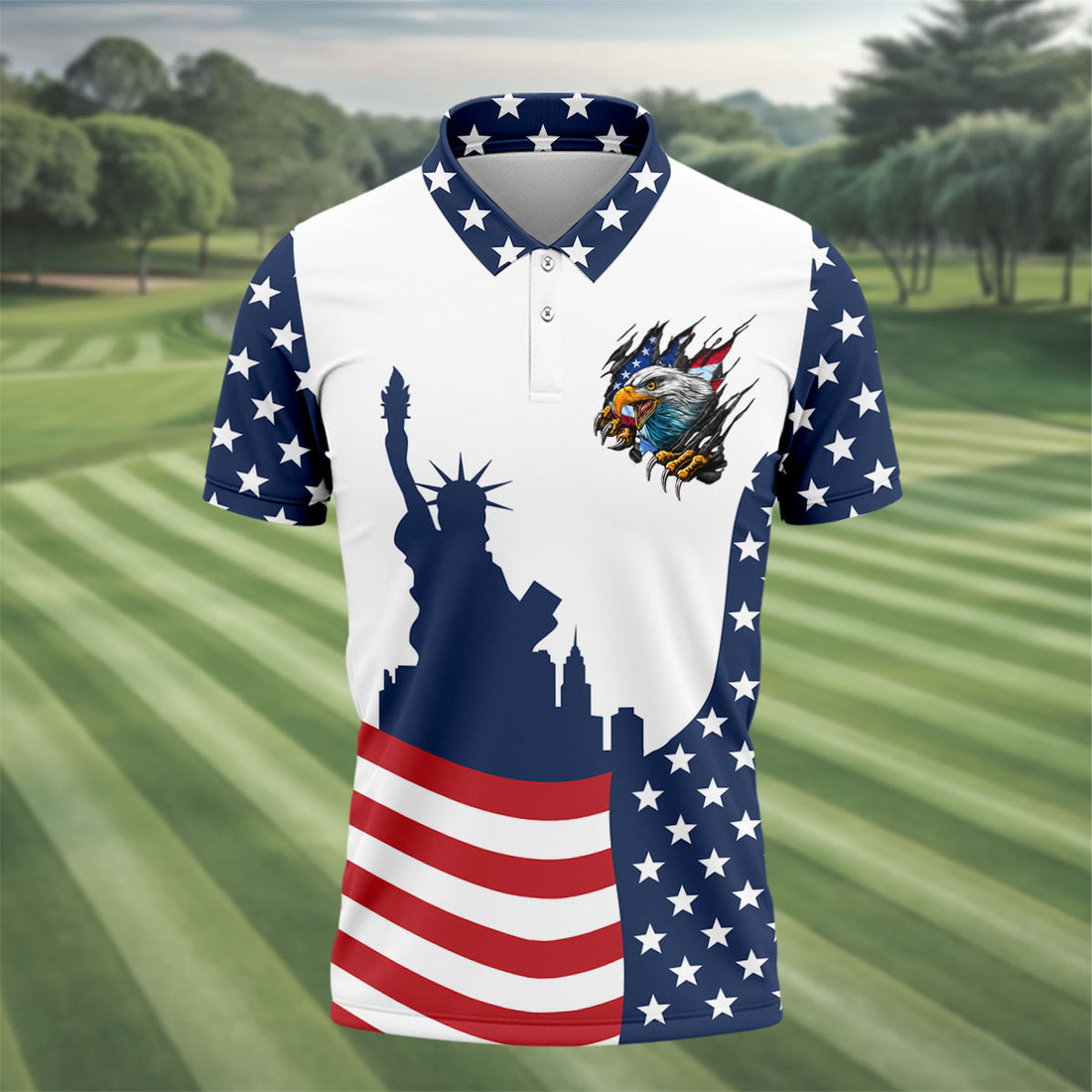Statue Of Liberty American Flag Men's Golf Shirt, Patriotic Eagle Polo Shirt, 4th Of July Shirt