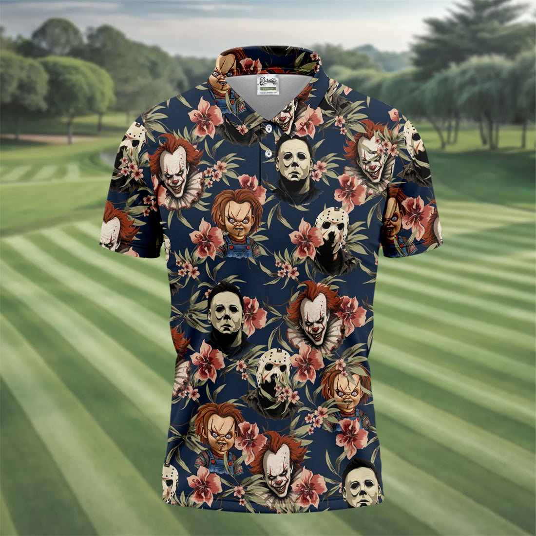 Gothic Floral Clown Doll Mask Hawaiian Polo, Golf Shirt For Men