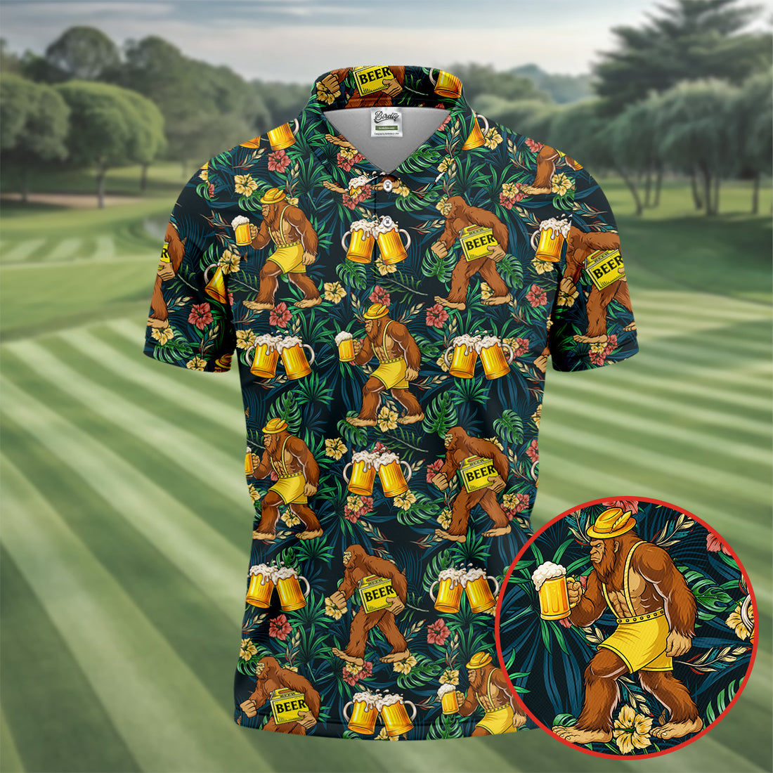 Funny Sasquatch Holding Beer Mugs Hawaiian Golf Polo, Golf Tops For Men, Golfing Apparel