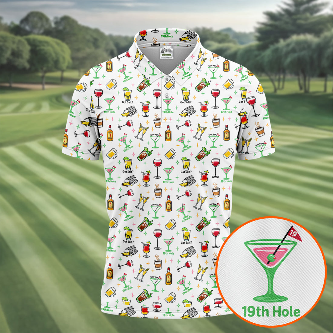 19th Hole Cocktail Drinks Pattern Golf Shirt, Mens Golf Polo, Printed Golf Shirts