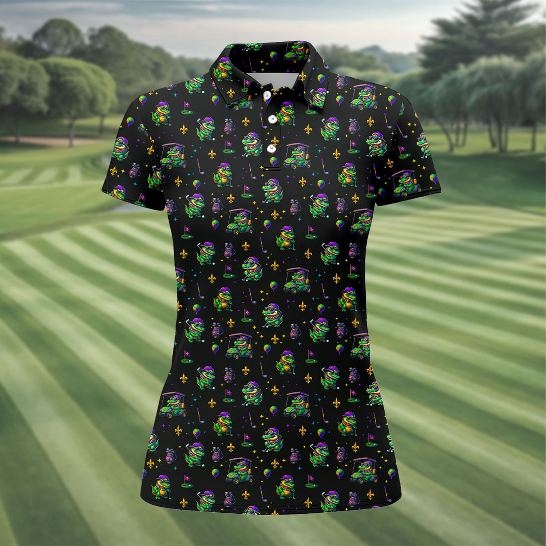 Funny Crocodile Mardi Gras Golf Shirts, Black Golf Shirt, Festive Women Golf Top, Ladies Golf Shirts