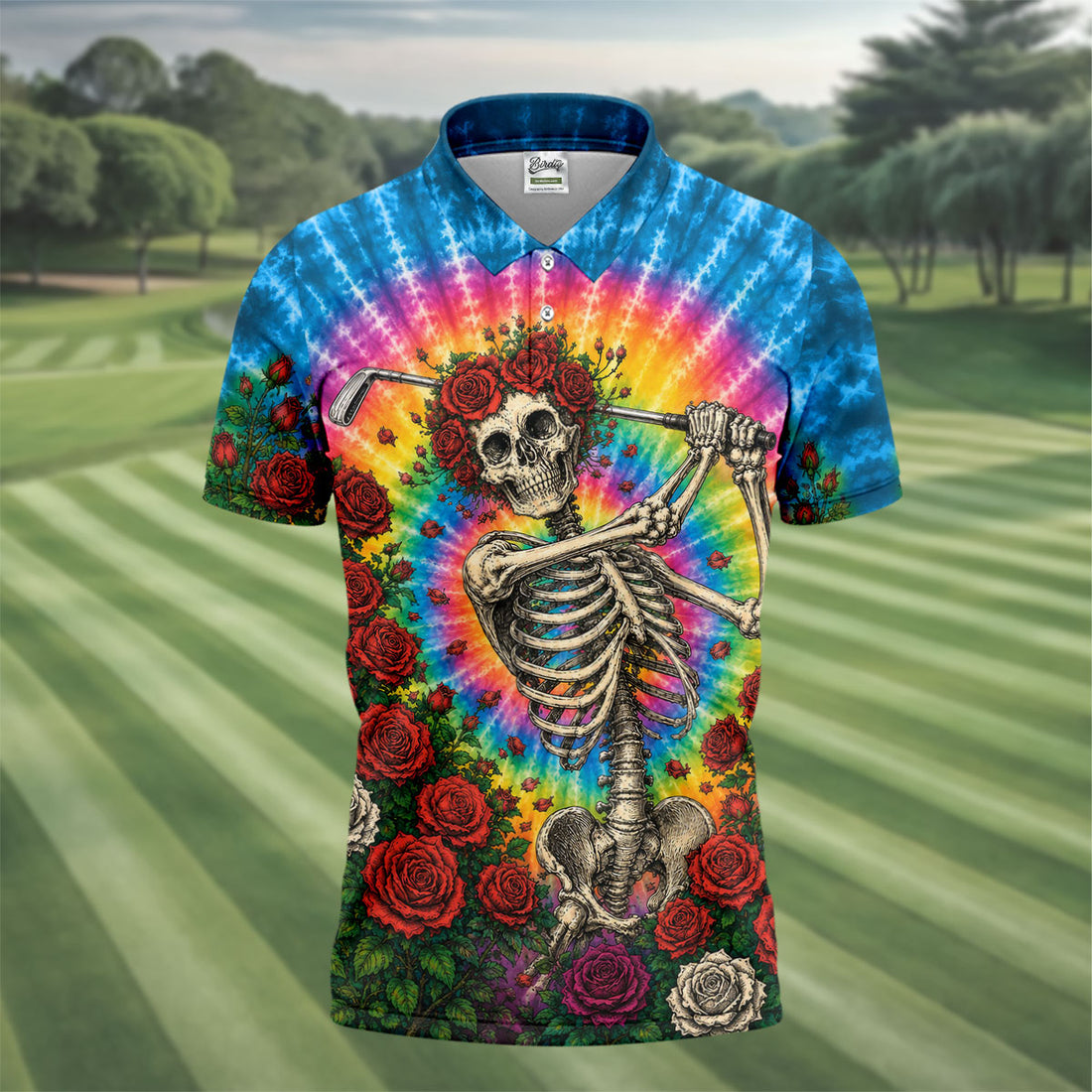 Rose Tie Dye Skeleton Golfer Halloween Polo Shirt, Mens Golf Shirts, Printed Golf Shirts