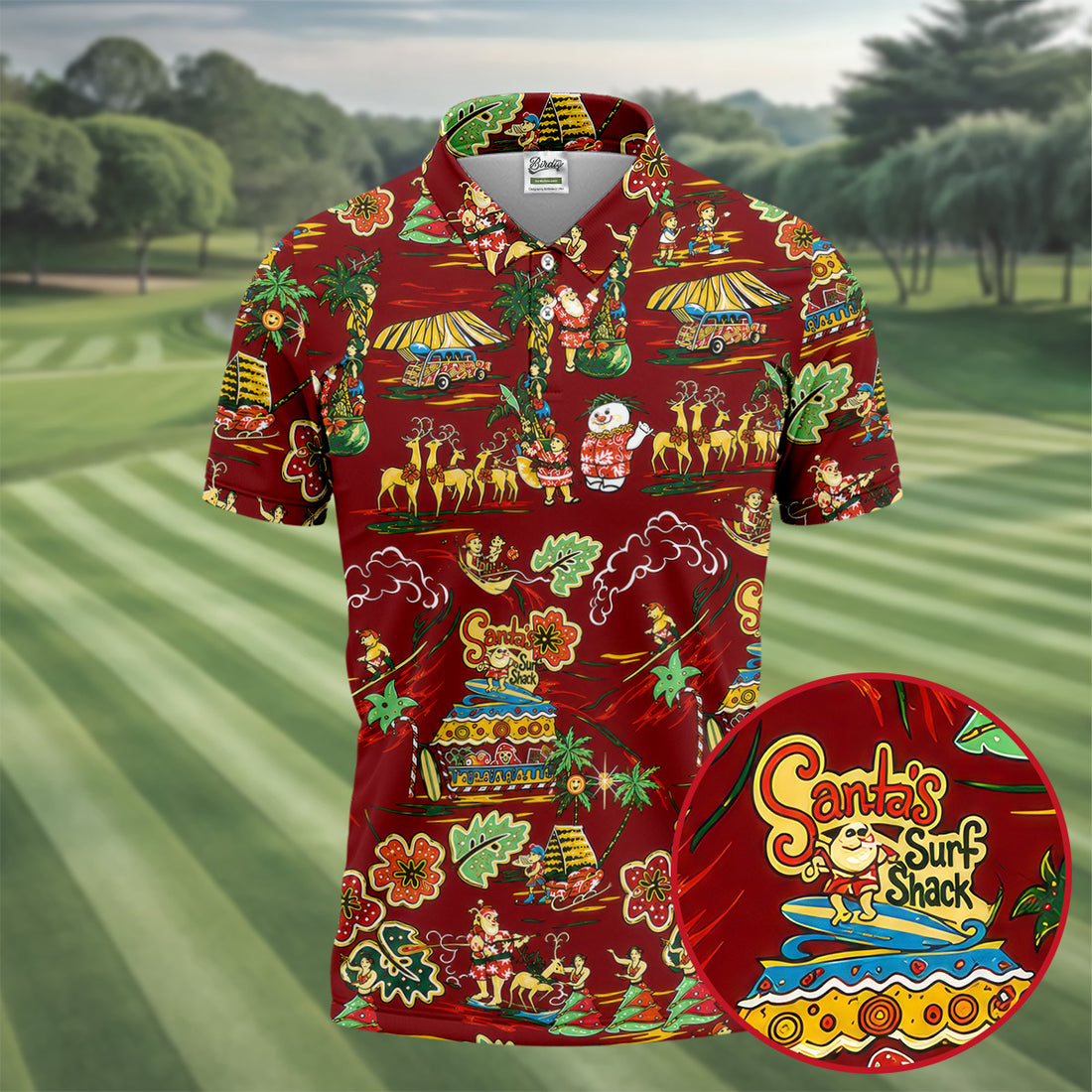 Men's Tropical Santa Surf Shack Golf Shirt, Christmas Golf Shirt, Golf Apparel For Men