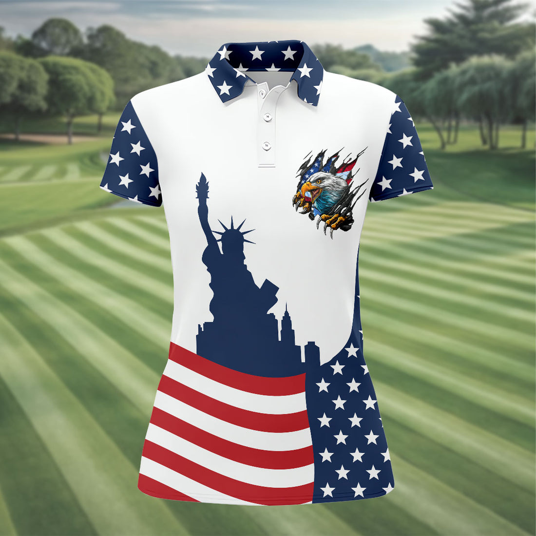 Statue Of Liberty American Flag Women's Golf Shirt, Patriotic Eagle Polo Shirt, 4th Of July Shirt
