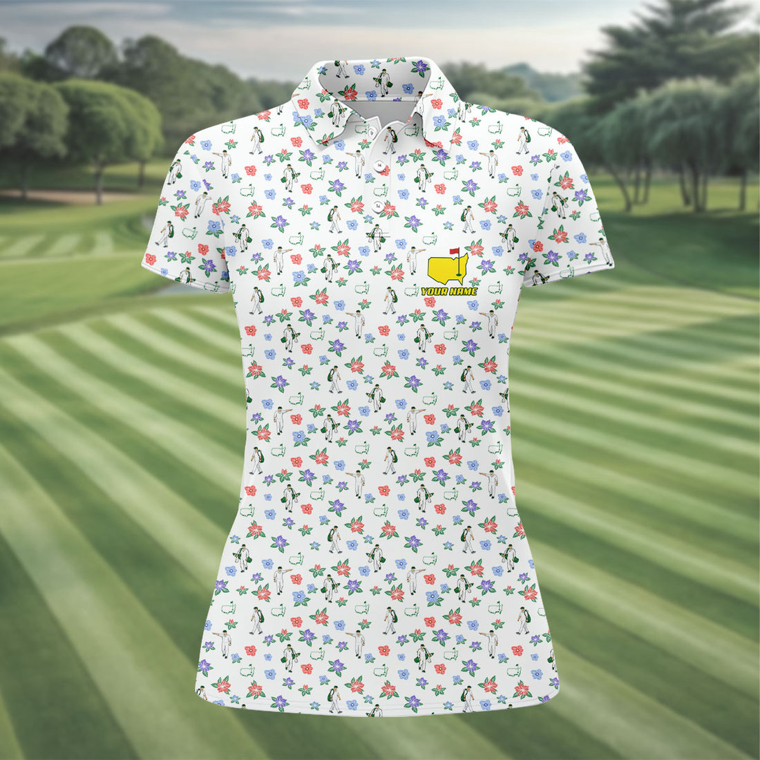 Golfer Pose With Colorful Floral Performance Golf Shirt, Golf Tournament Women Golf Top, Ladies Golf Shirts
