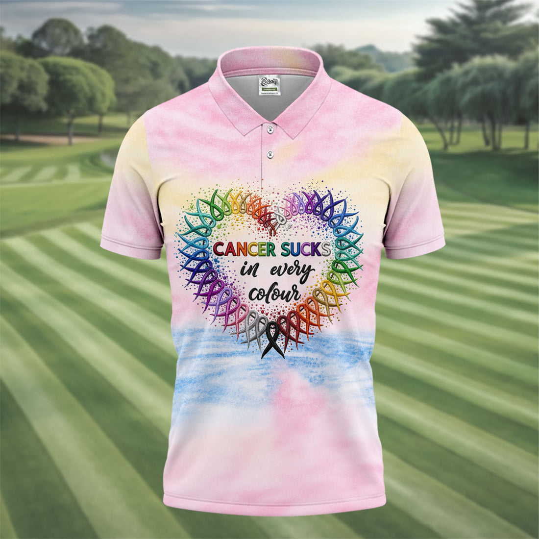 Cancer Sucks In Every Colour Ribbon Heart Polo Shirt, Mens Golf Polo, Mens Polo Shirts