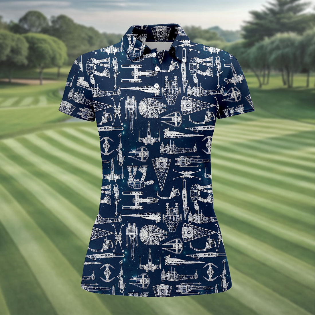 Line-art Sketches Sci-Fi Spacecraft Dark Navy Women's Golf Tops, Ladies Golf Shirts, Ladies Golf Polos