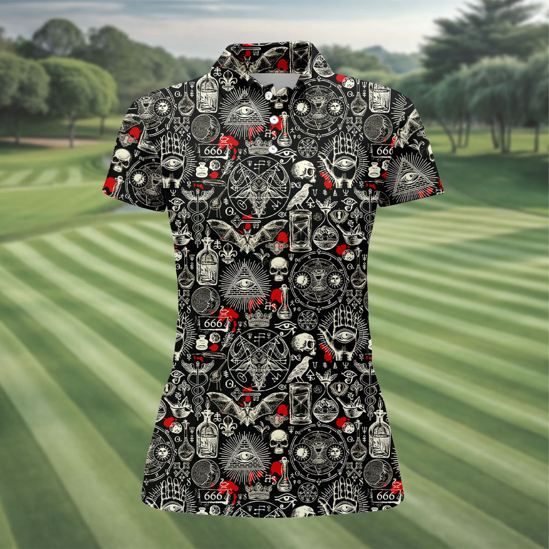 Occult Theme Sketch Style Hawaiian Golf Shirt, Women's Golf Tops, Ladies Golf Shirts