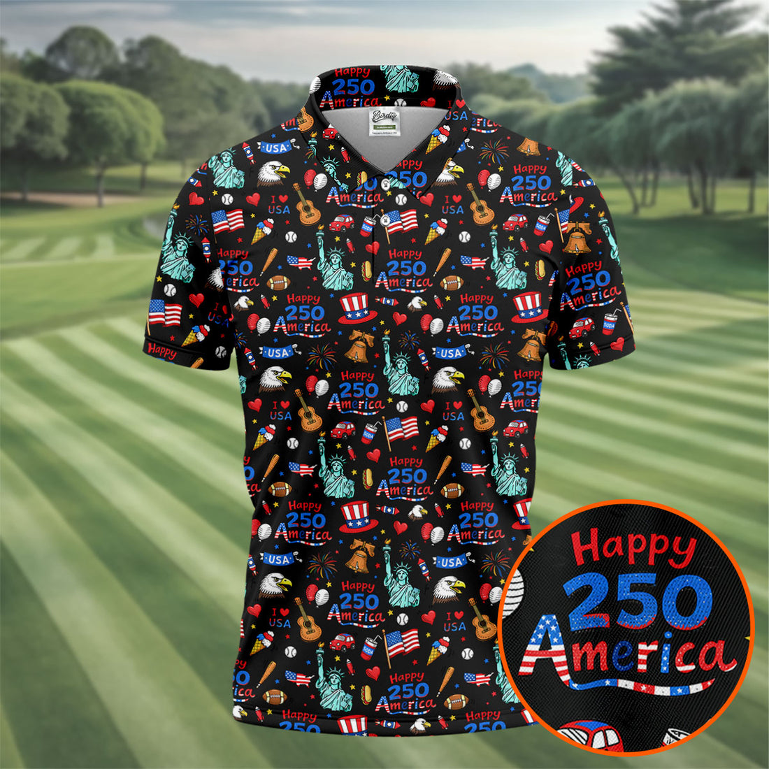 Happy 250 America Independence Celebration Black Golf Shirt, Patriotic 4th Of July Golf Shirts For Men