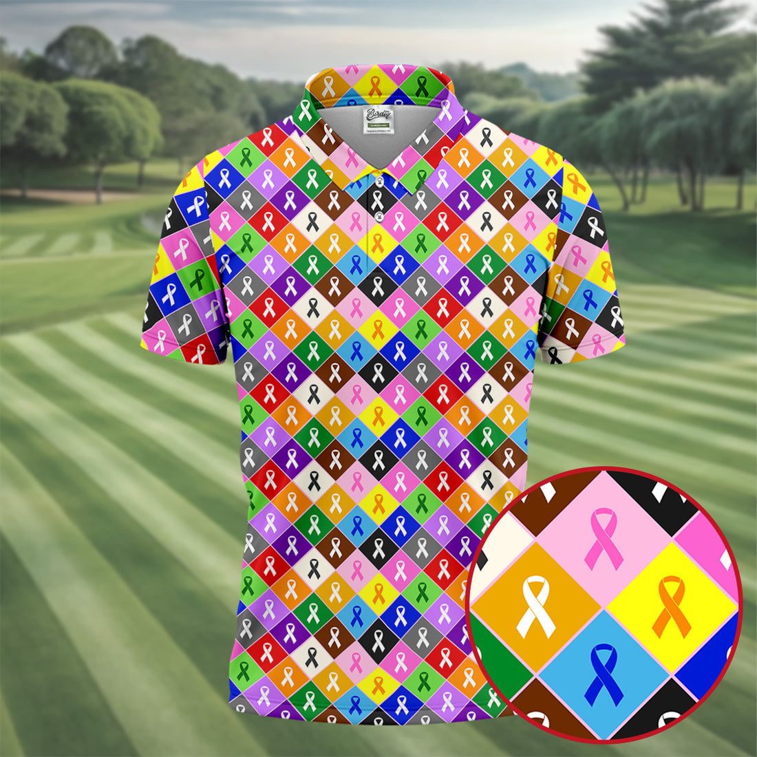 Colorful Awareness Ribbon Breast Cancer Golf Polo, Mens Golf Shirts, Printed Golf Shirts