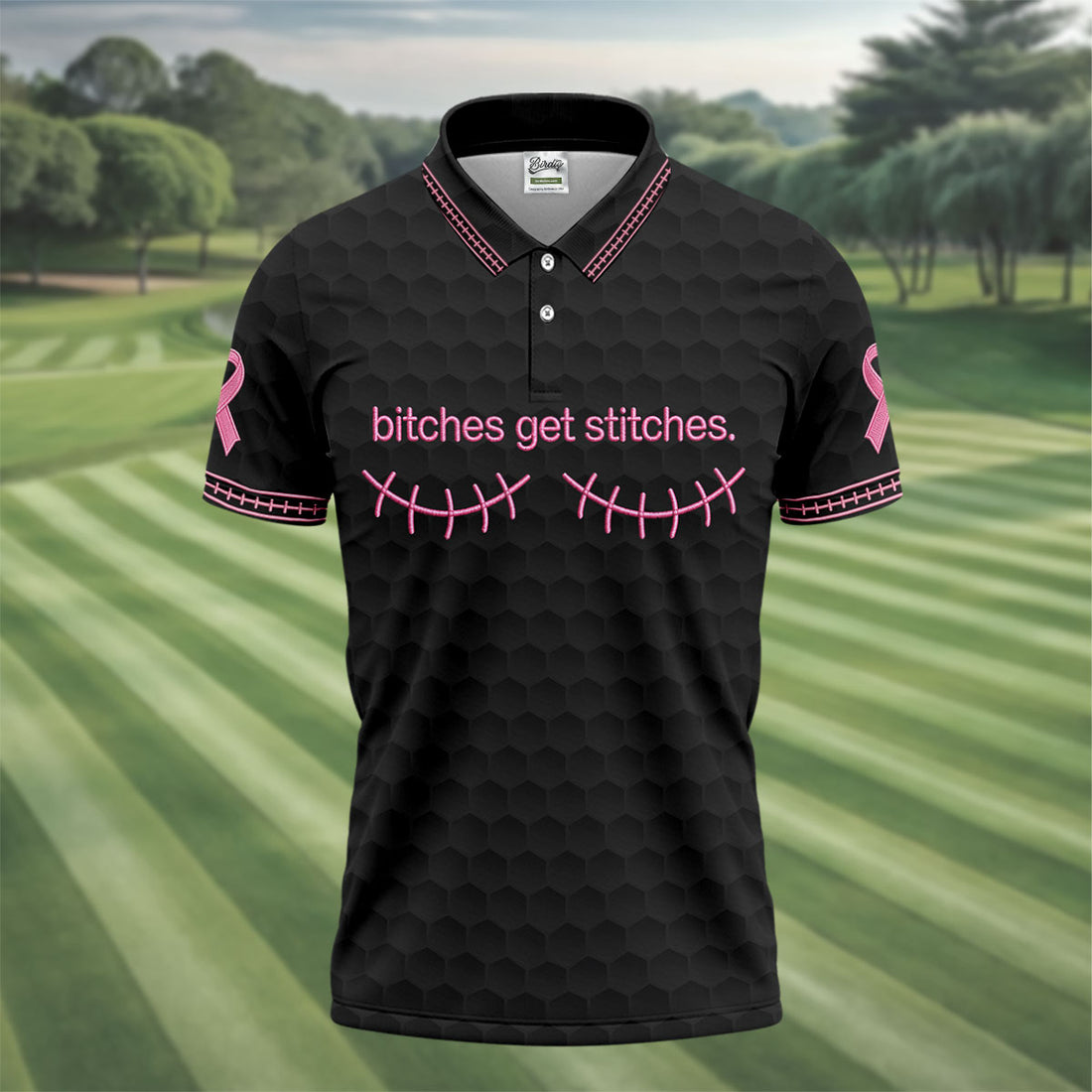 Bitches Get Stitches Breast Cancer Polo Shirt, Golf Shirts For Men, Mens Golf Apparel