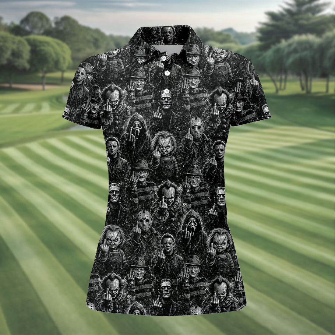 Horror Character Villains Pattern Halloween Polo Shirt, Ladies Golf Tops, Golf Shirts For Women