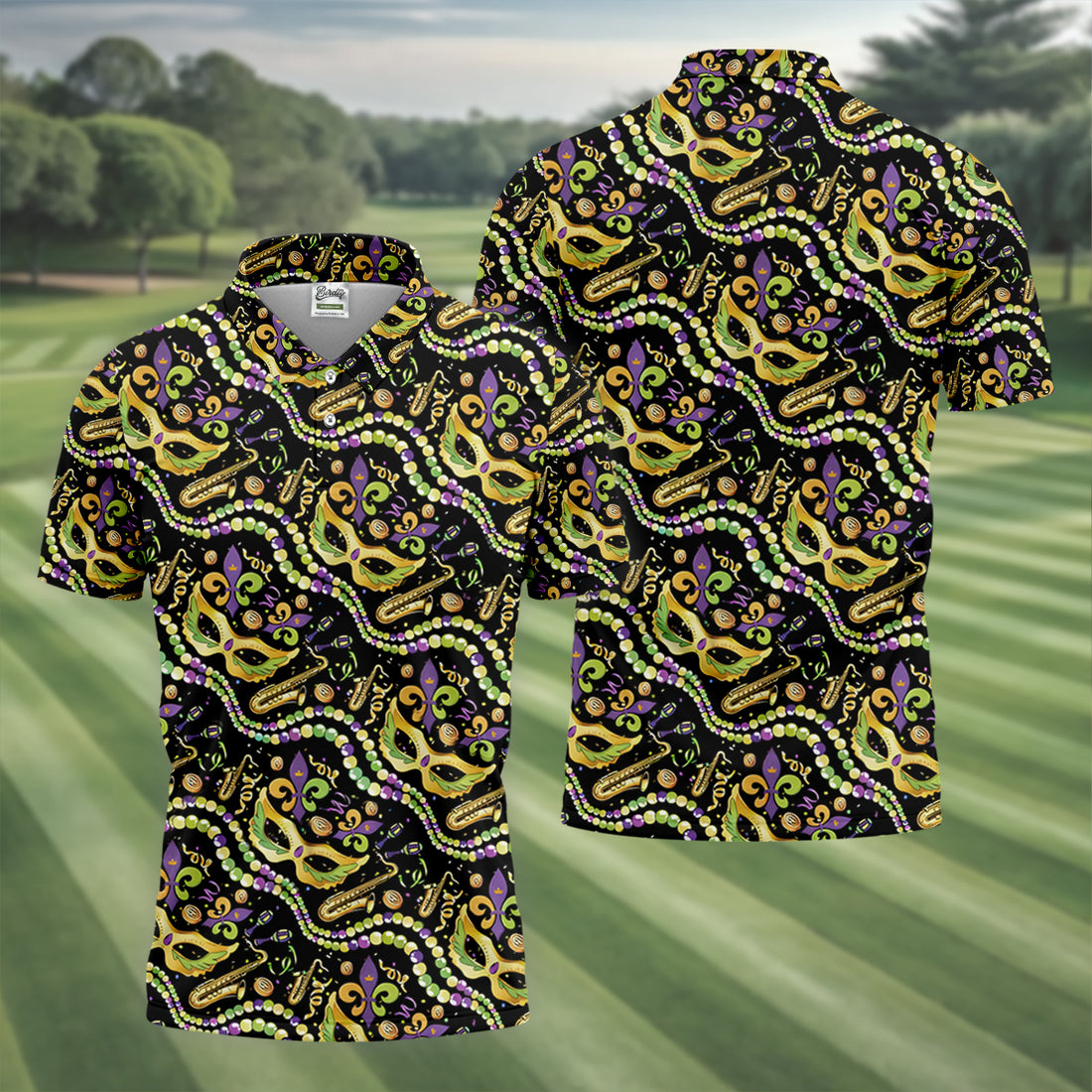 Gold Masquerade Mask Beads String Mardi Gras Golf Shirt, Polo Shirts For Men, Golf Shirts For Men