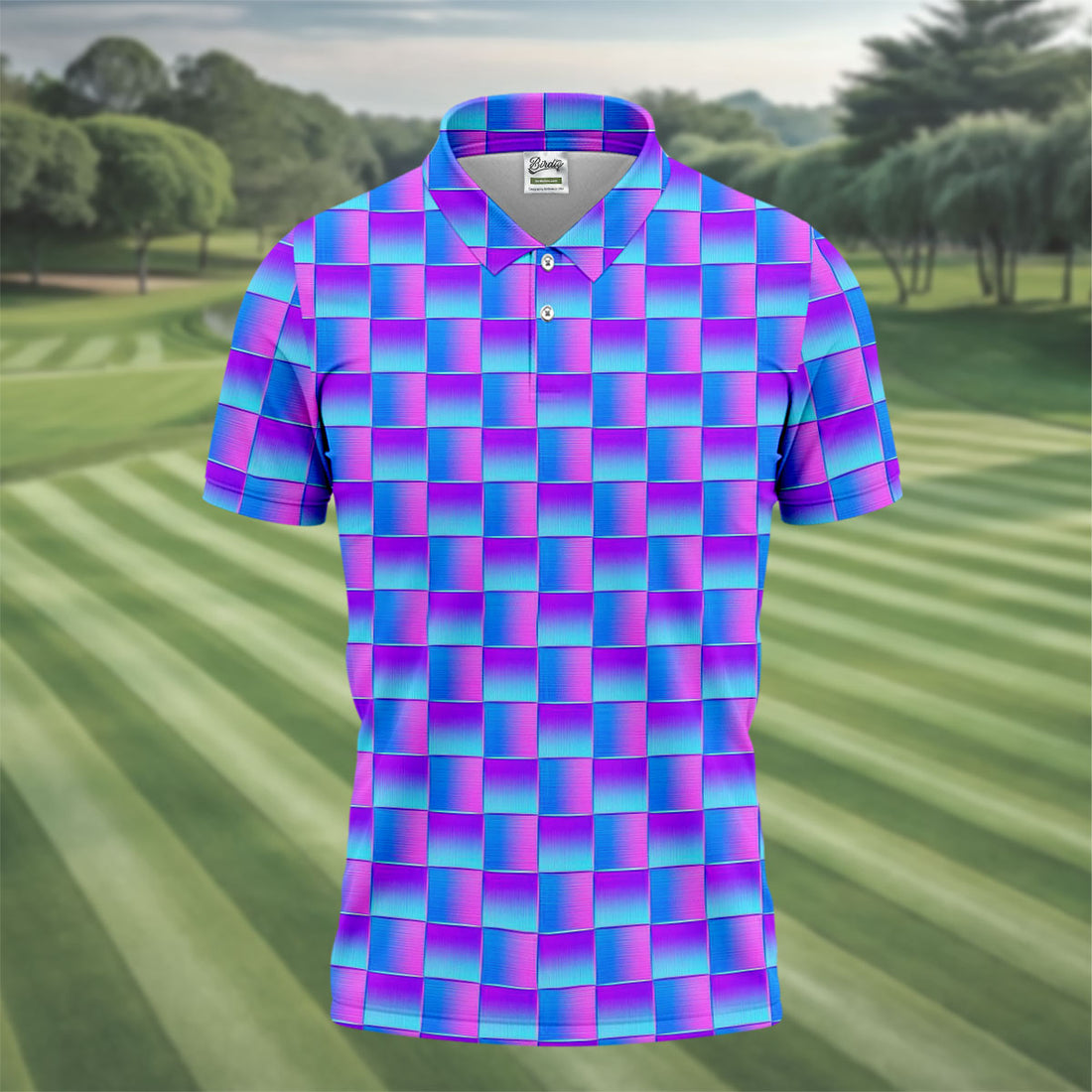 Purple Blue Gradient Checkered Pattern Golf Shirt, Mens Golf Polo, Printed Golf Shirts, Golf Polo Shirts For Men