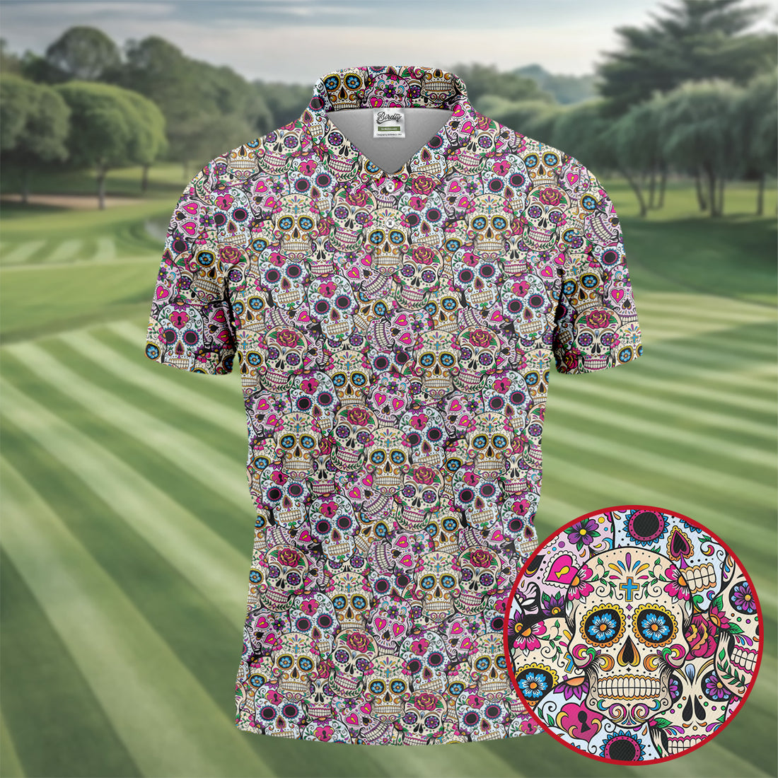 Colorful Sugar Skull Floral Golf Polo Shirt, Hawaiian Golf Shirt, Golf Polo Shirts For Men