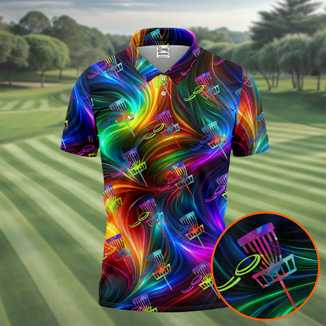 Colorful Disc Golf Basket Swirl Pattern Polo Shirt, Printed Golf Shirts, Hawaiian Golf Shirt, Mens Golf Apparel