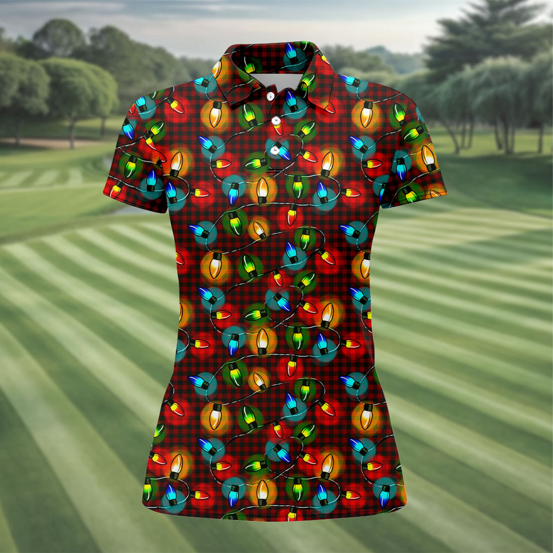 Colorful Christmas Light Plaid Women's Golf Tops, Christmas Golf Shirt, Golf Gift For Ladies