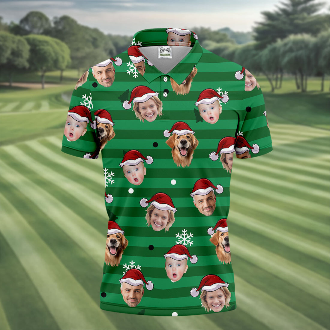 Custom Face Green Stripe Christmas Golf Shirt, Golf Tops For Men, Polo Shirts For Men, Christmas Golf Gift