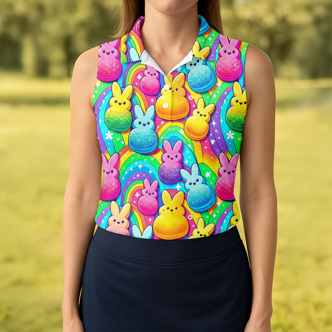 Colorful Easter Peeps Rainbow Pattern Women Golf Top, Cute Golf Outfit, Ladies Golf Shirts
