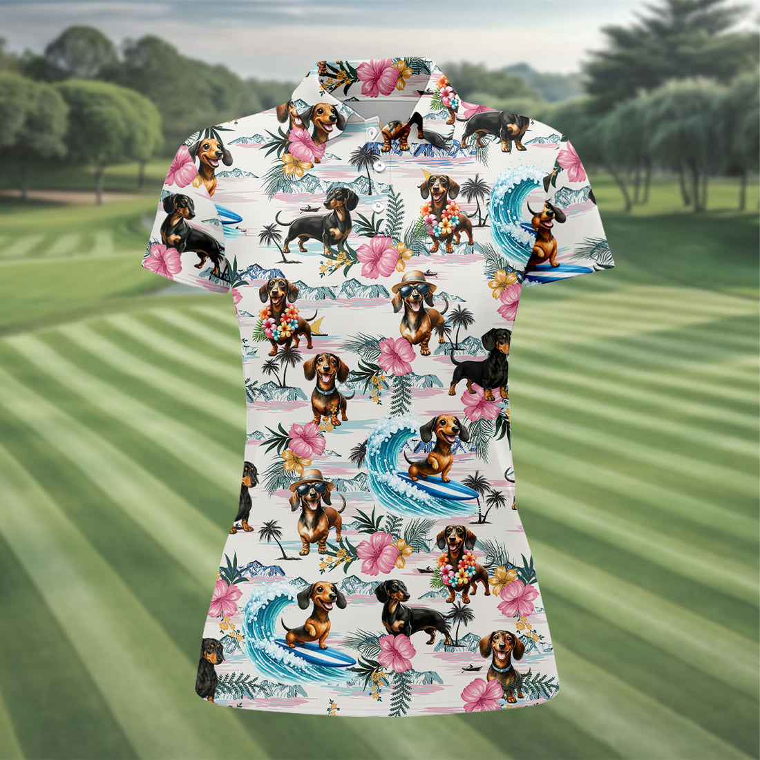 Cartoon Dachshund Tropical Theme Hawaiian Golf Shirt, Women's Golf Tops, Ladies Golf Shirts
