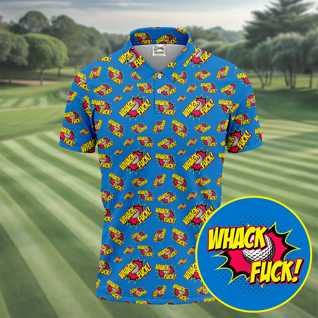 Whack F*ck Comic Golf Ball Pattern Golf Shirt, Men's Golf Shirt, Golf Apparel For Men