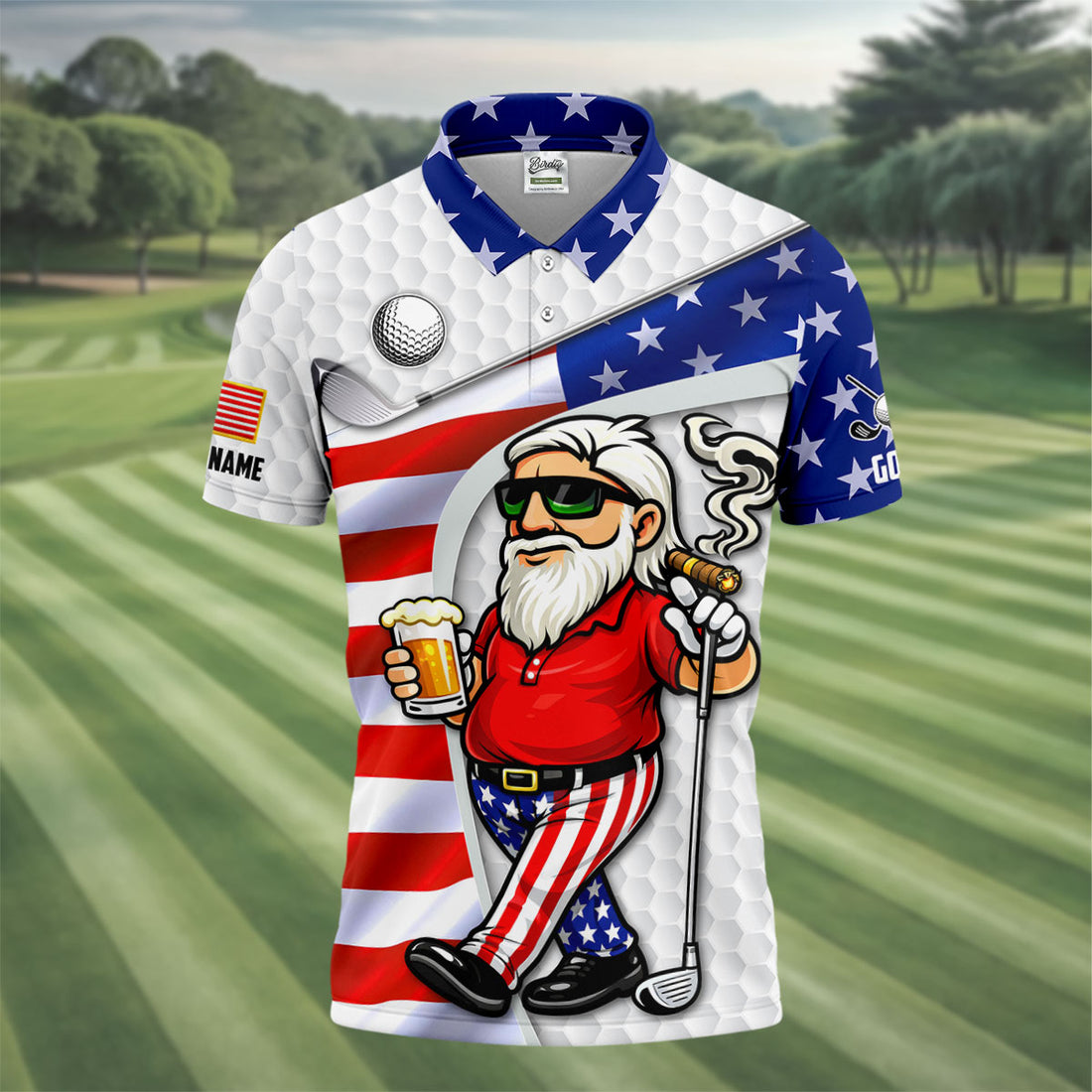 Golf And Beer Patriotic Man Golf Ball Pattern 4th Of July White Golf Shirt, 250th Anniversary Golf Shirts For Men