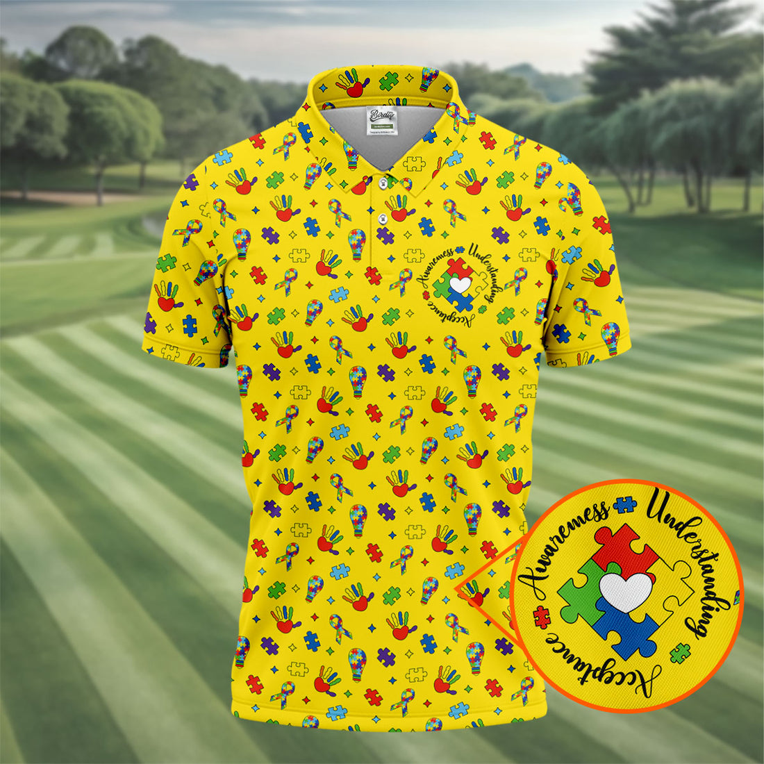 Awareness Understanding Acceptance Autism Ribbon Yellow Golf Shirt, Autism Awareness Colors Golf Shirts For Men