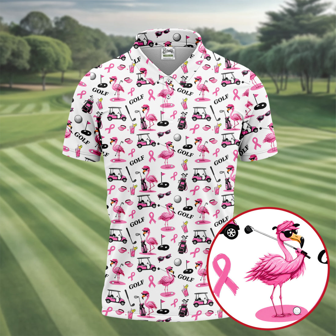 Pink Flamingo Golf Breast Cancer Polo Shirt, Golf Shirts For Men, Mens Golf Apparel