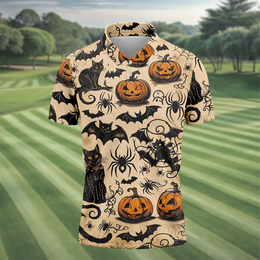 Vintage Halloween Cat Pumpkin Pattern Golf Polo Shirt, Mens Golf Polo, Hawaiian Golf Shirt