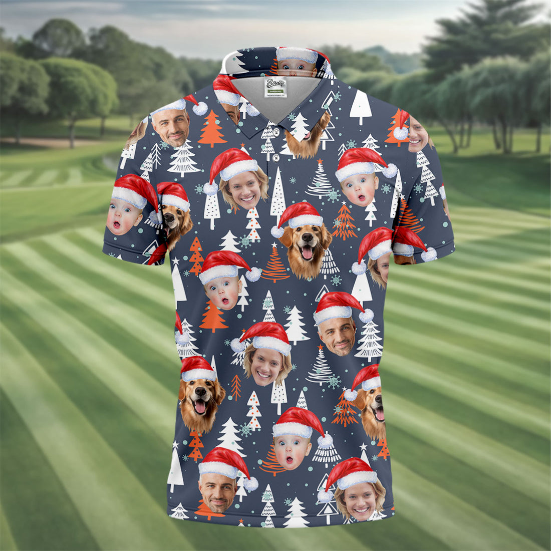 Custom Face White And Orange Xmas Pine Tree Christmas Golf Shirt, Golf Gift For Men, Golf Shirts For Men