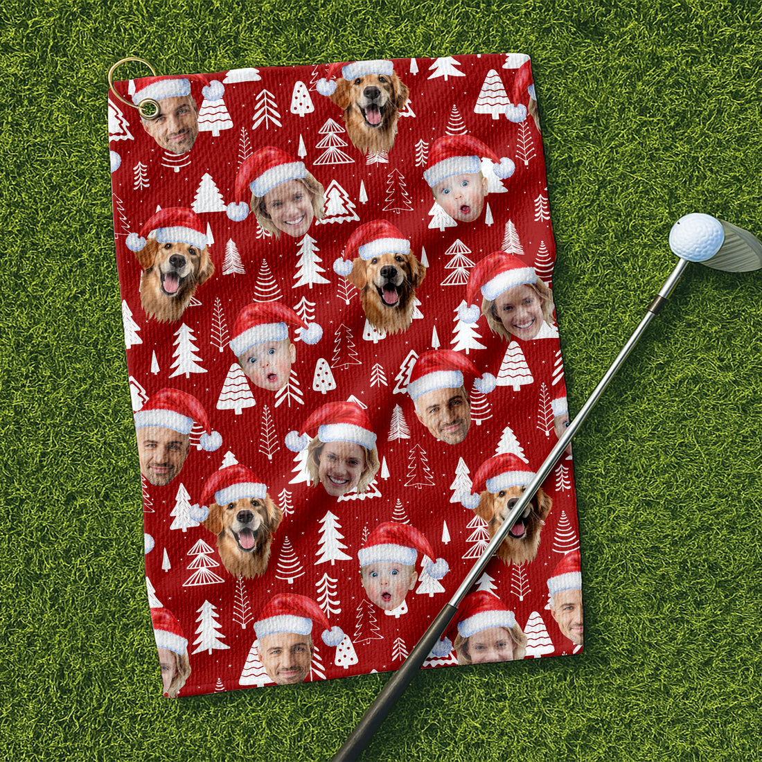 Custom Face Snow Pine Tree Red Golf Towel, Christmas Golf Gift, Golf Gift Idea