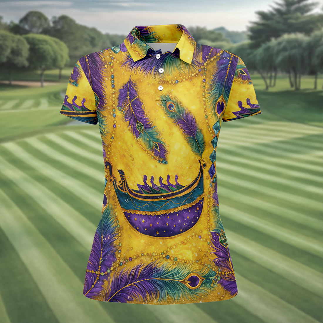 Mardi Gras Day Gradient Art Feather Print Retro Women's Golf Tops, Ladies Golf Shirts