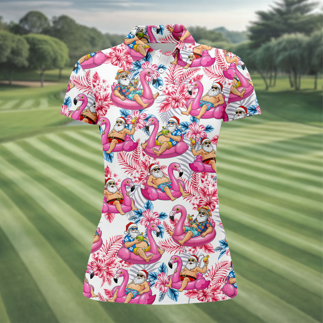 Santa Flamingo Float Tropical Christmas Golf Shirt, Christmas Shirts For Women, Christmas Golf Shirt