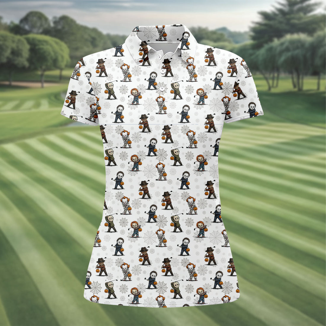 Horror Character Halloween Golf Pattern Polo Shirt, Golf Polo For Women, Performance Golf Shirt