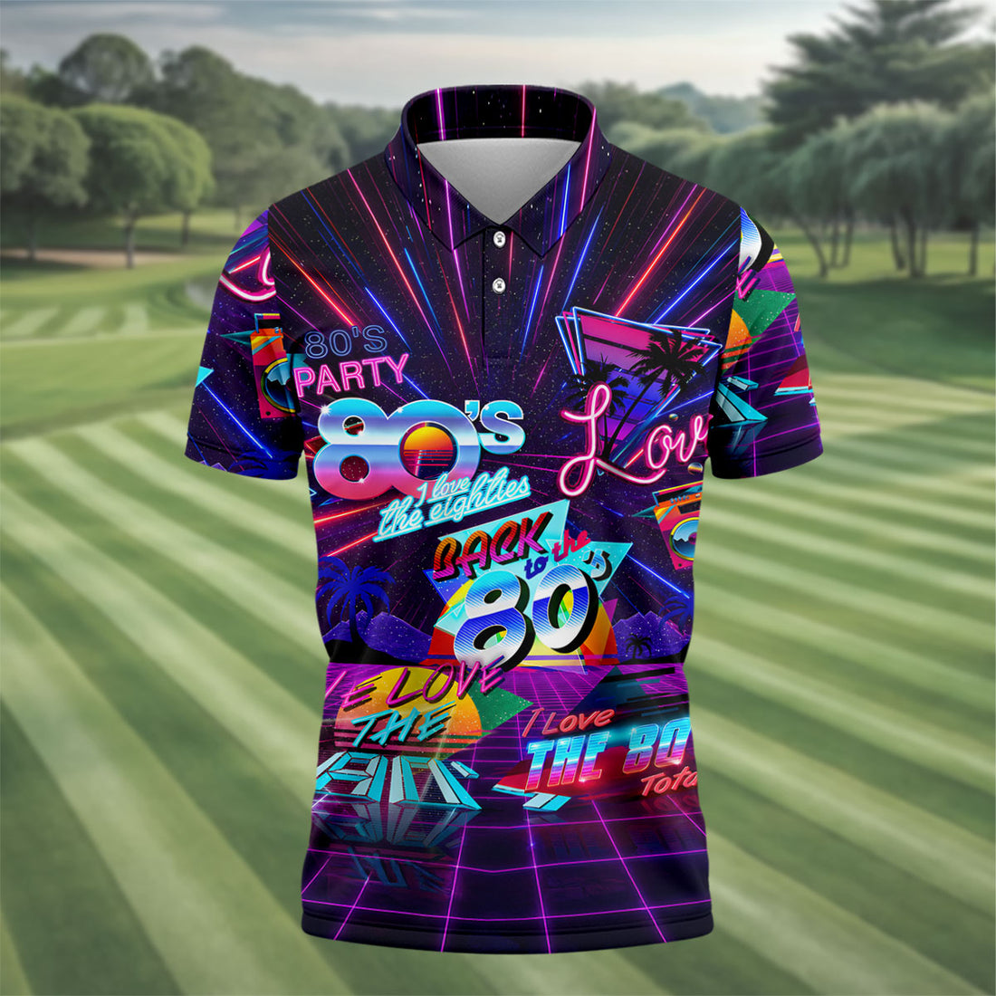80s Retro Party Golf Shirt, Neon Synthwave Sunset Pattern, Golf Shirt For Men