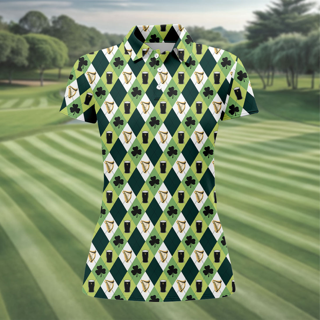 Green And White Argyle Pattern St Patrick's Day Golf Shirt, Women's Golf Shirts, Ladies Golf Polos