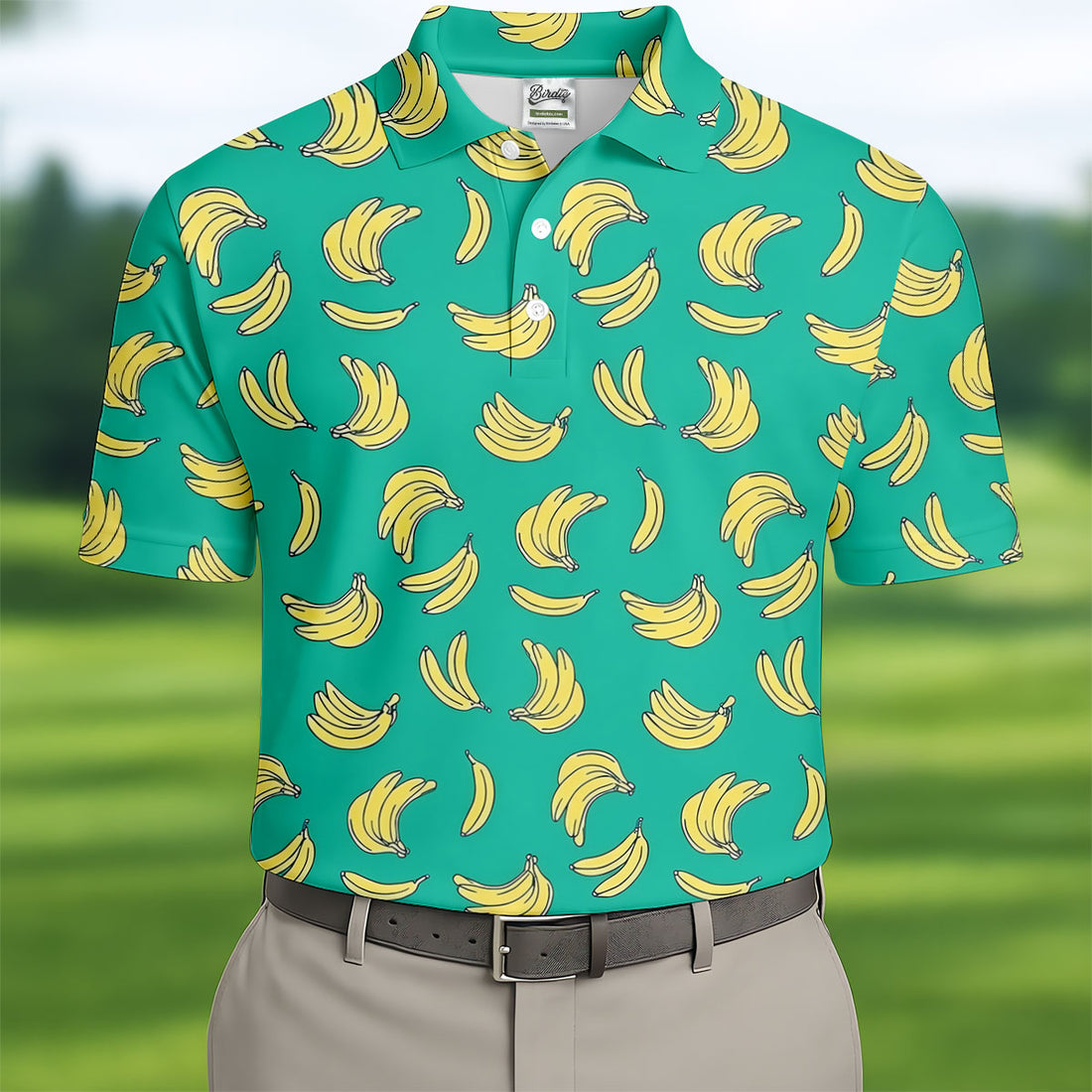 Tropical Banana on Turquoise Background Hawaiian Golf Polo, Golf Tops For Men, Golfing Apparel